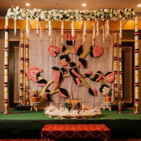 Ornate event stage featuring floral garlands, a pink and black tree backdrop, and ceremonial offerings.