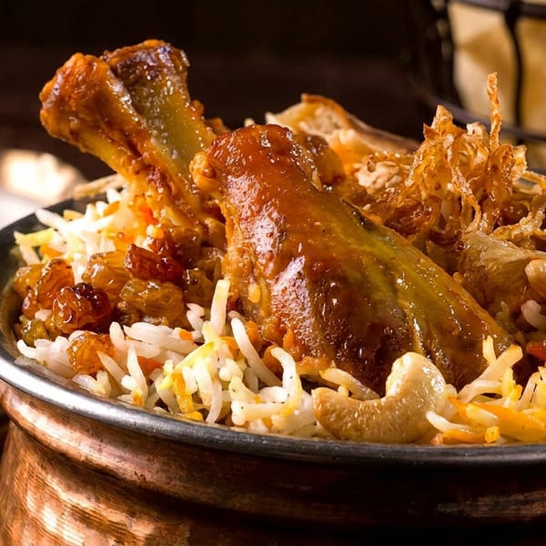 Chicken biryani with rice, raisins, cashews, and crispy onions served in a copper bowl.