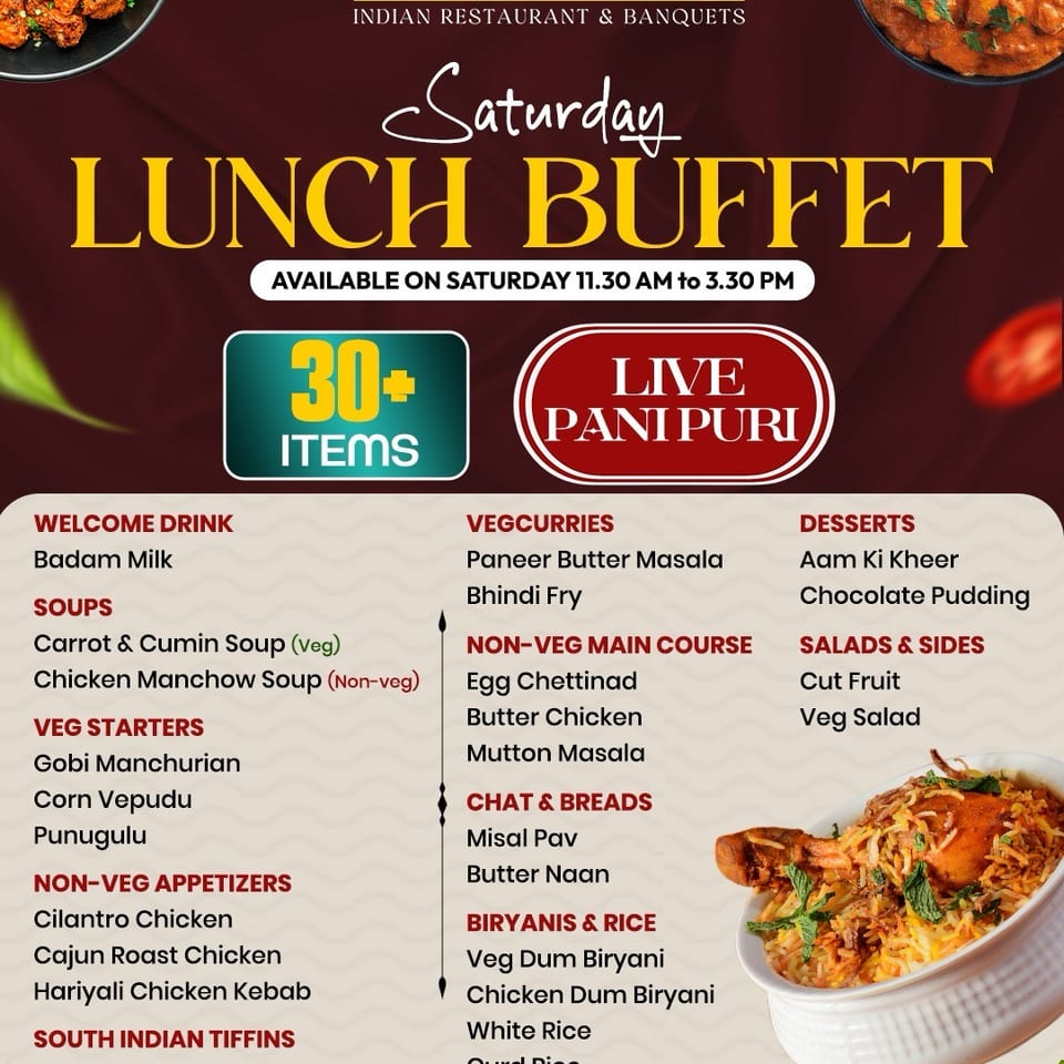 Golconda Indian Restaurant Saturday lunch buffet flyer featuring 30-plus items, live pani puri, menu listings, and colorful Indian dishes.