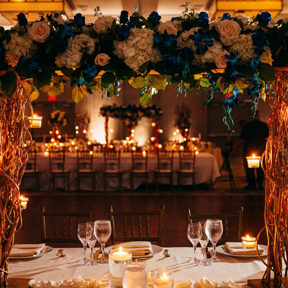 Elegant dining table with a large floral and candle centerpiece in a warmly lit event hall.