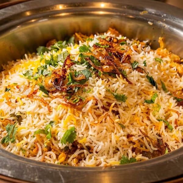 Fragrant biryani with rice, fried onions, and fresh cilantro in a large metal serving pot.