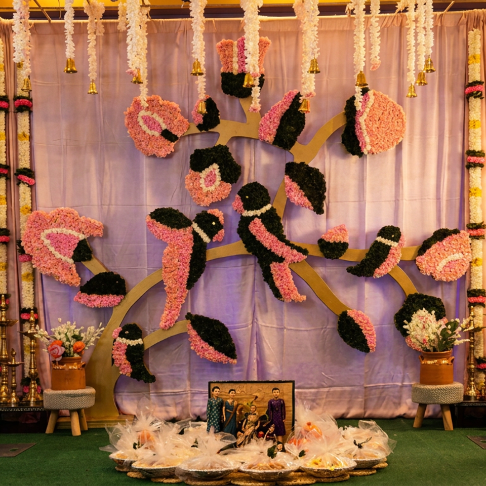 Elaborate floral stage decoration with pink and black birds, garlands, traditional lamps, and offerings.